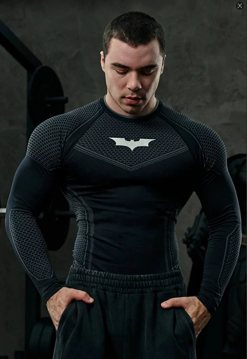YOUNGLA Batman Superhero Compression Long-Sleeve Gym Shirt