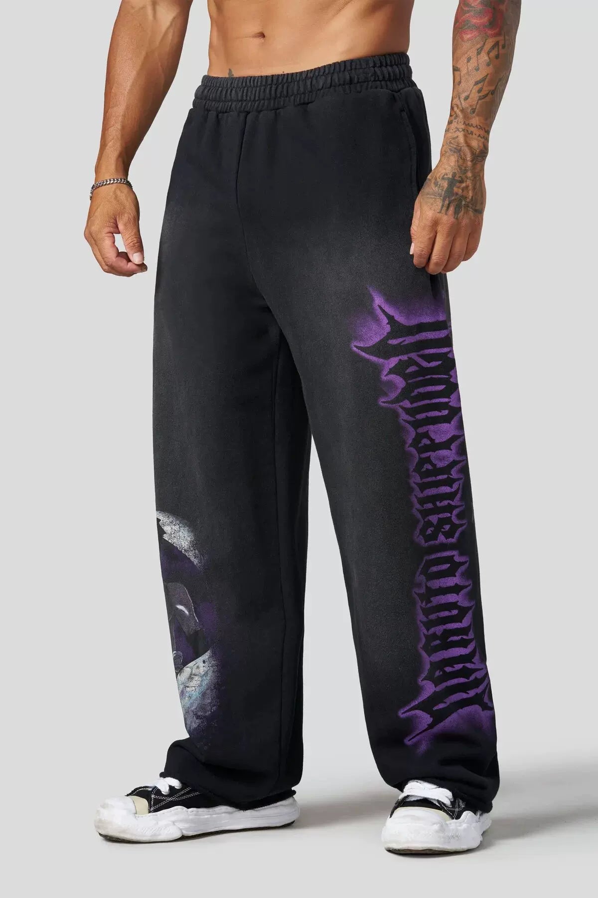YOUNGLA Men's Anime Graphic Acid Wash Straight Leg Sweatpants