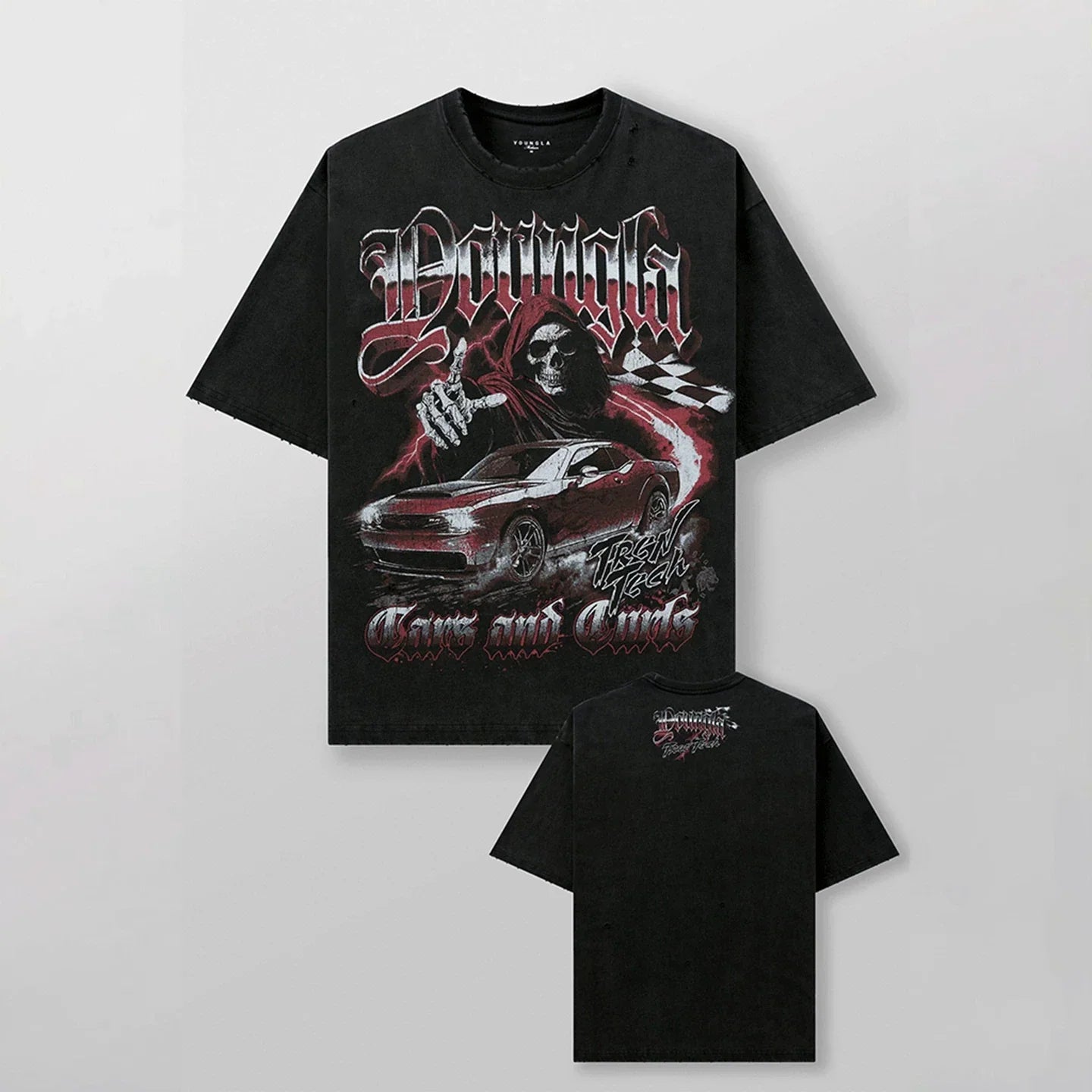 YoungLA Heavyweight Acid Wash Oversized Tee – Reaper & Muscle Car Graphic