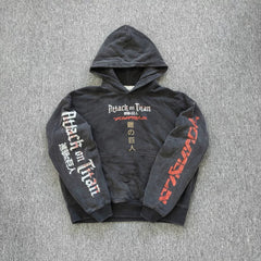 YOUNGLA- Washed Black Attack on Titan Anime Graphic Pullover Hoodie