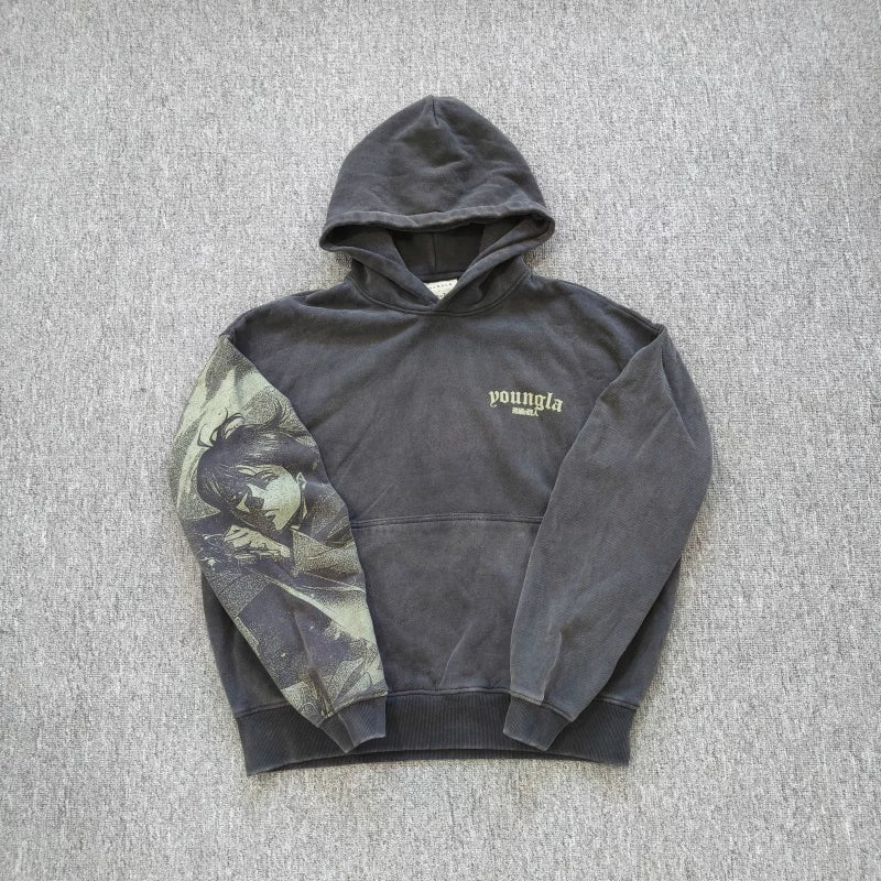 YOUNGLA- Washed Black Anime Character Sleeve Graphic Pullover Hoodie