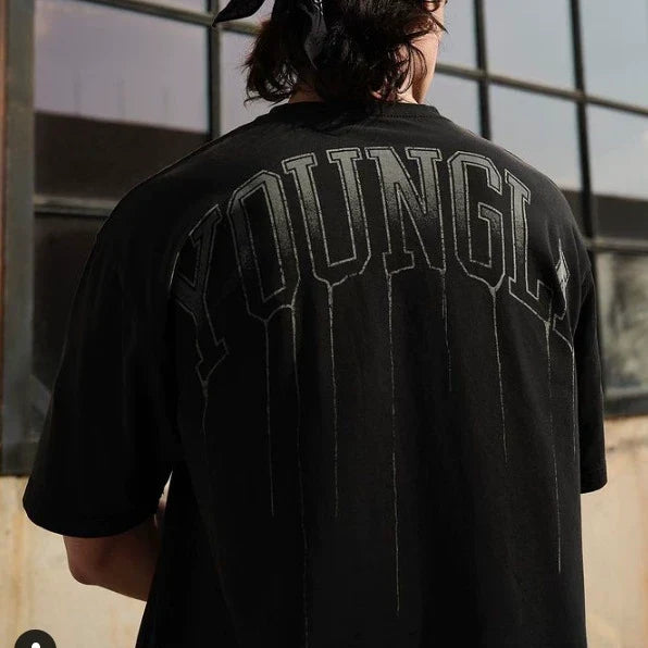YoungLA Heavyweight Acid Wash Oversized Tee – Acid Black Drip Arc Back Artwork