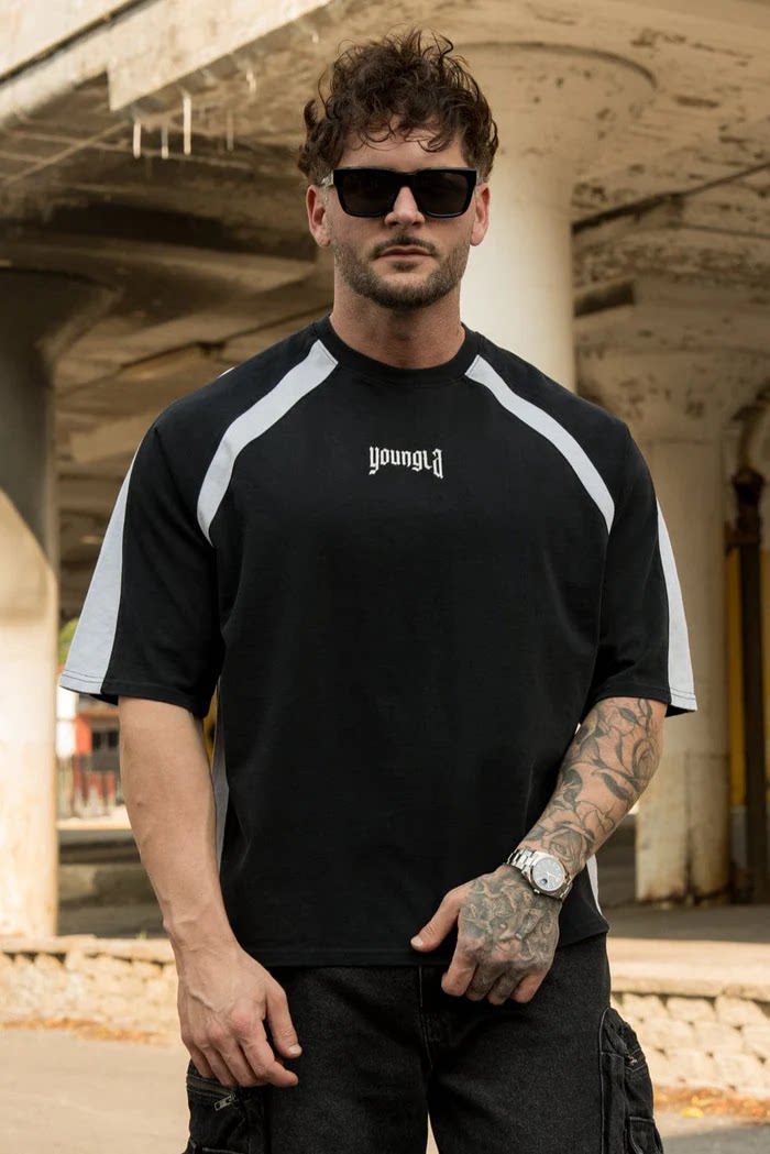 YoungLA Heavyweight Acid Wash Oversized Tee – Contrast Raglan Sleeve Gothic Micro Logo