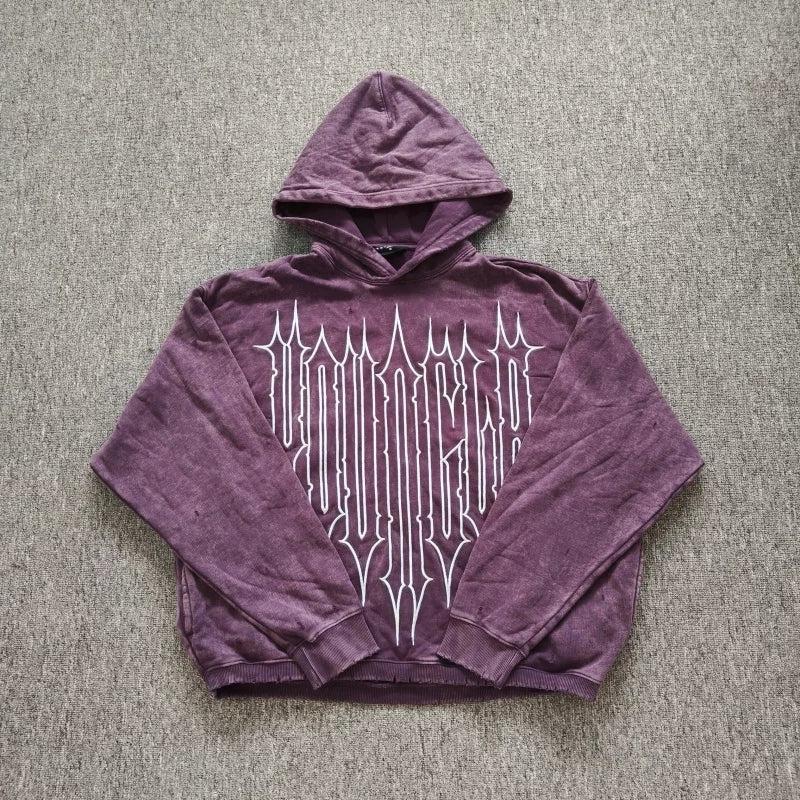 YOUNGLA- Washed Purple Graphic Pullover Hoodie
