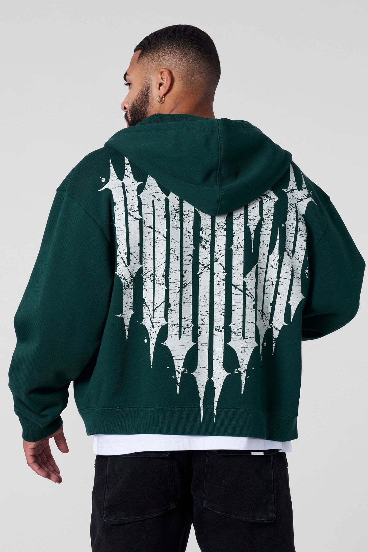 YOUNGLA- Dark Green Graphic Zip-Up Hoodie Sweatshirt