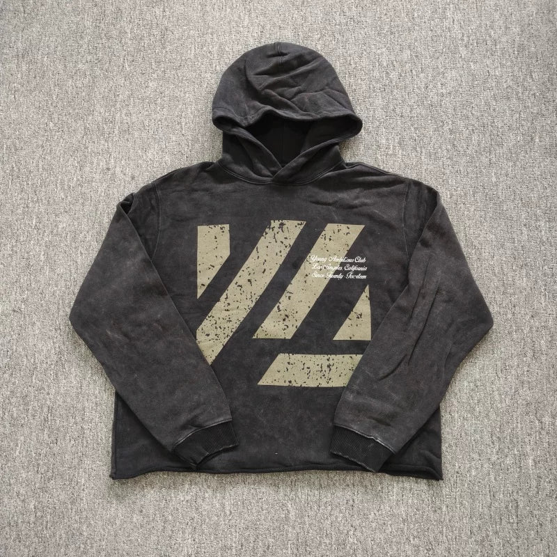 YOUNGLA- Washed Black Graphic Pullover Hoodie