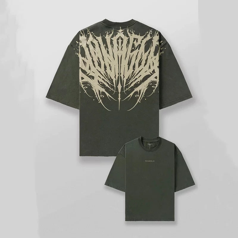 YoungLA Olive Green Tribal Tattoo Back Logo Oversized Shirt | Heavy Cotton Gym Pump Cover