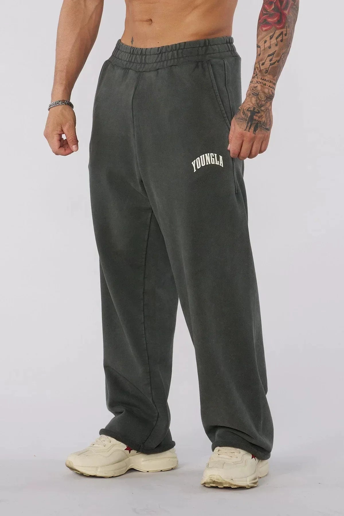 YOUNGLA Men's Arched Collegiate Logo Acid Wash Wide Leg Sweatpants