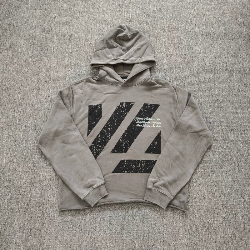 YOUNGLA- Washed Khaki Graphic Pullover Hoodie
