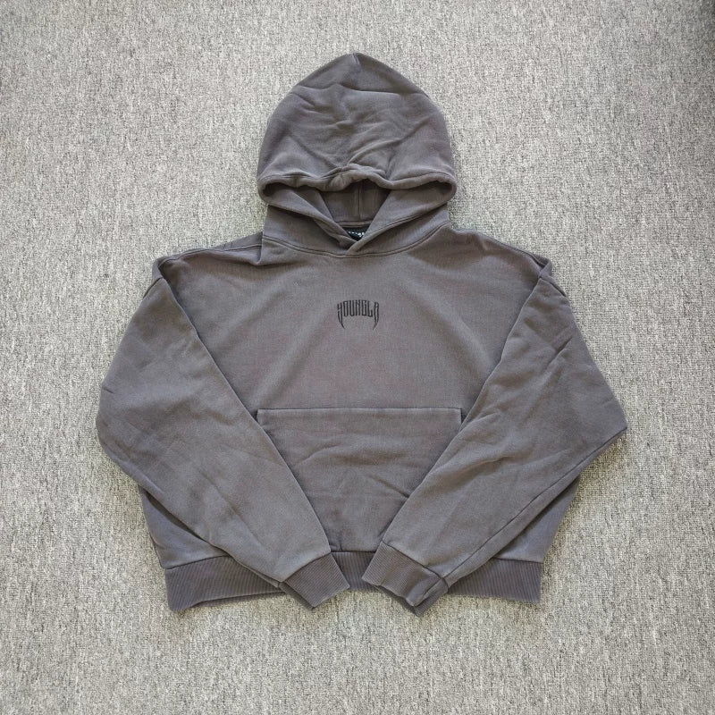 YOUNGLA- Washed Mud Grey Gothic Graphic Pullover Hoodie