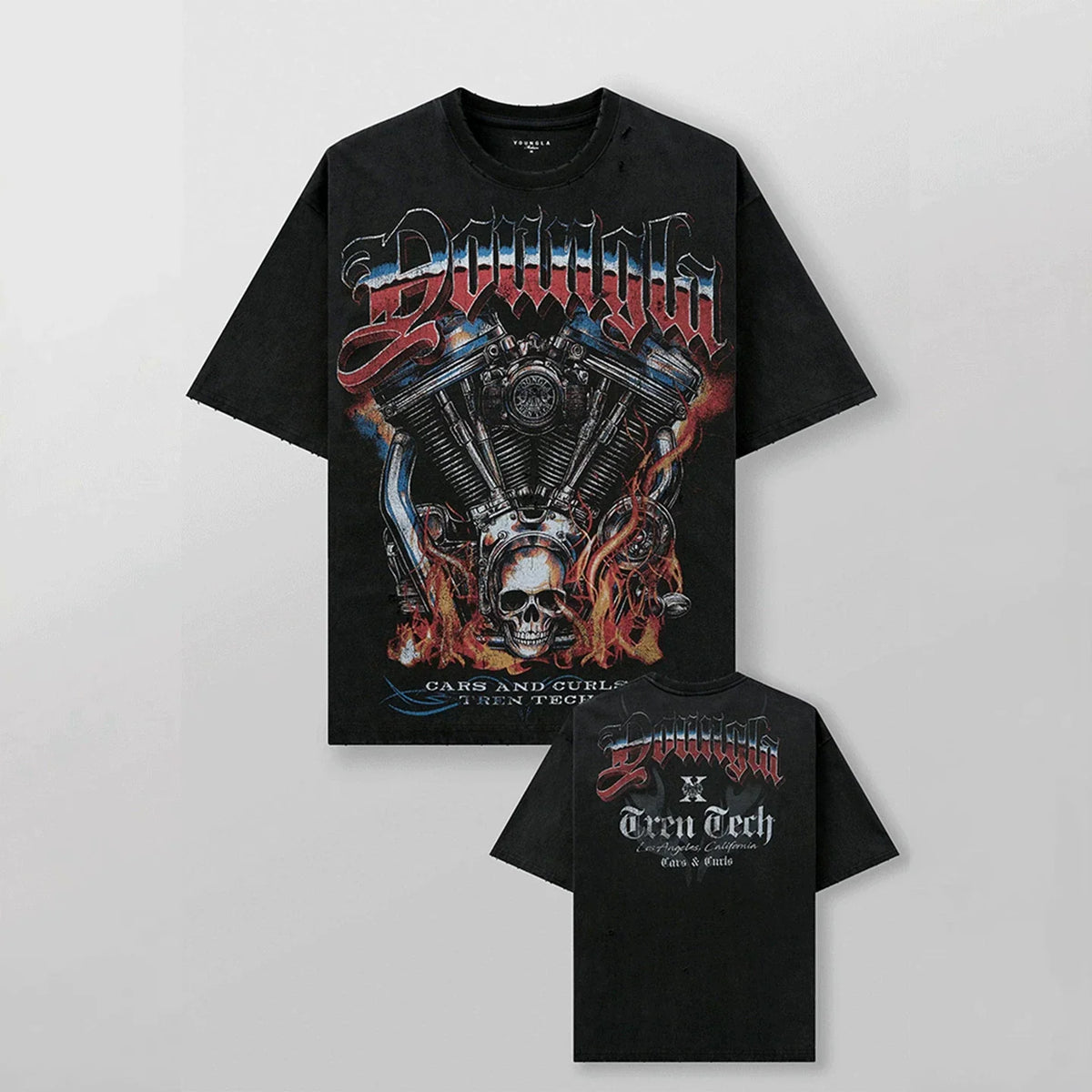 YoungLA Heavyweight Acid Wash Oversized Tee – Mechanical V-Twin Engine Graphic