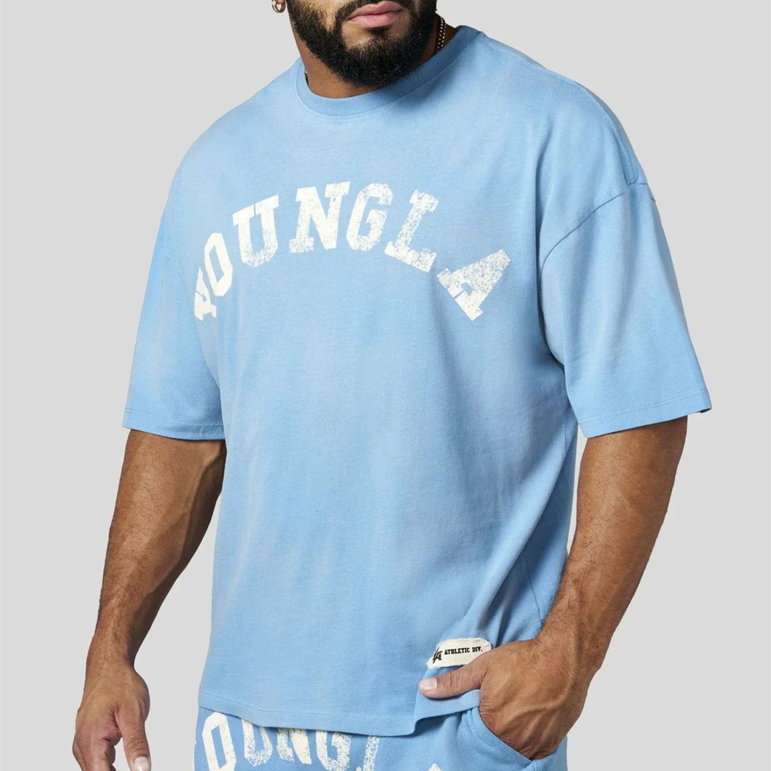 YoungLA Heavyweight Acid Wash Oversized Tee – Ice Blue Distressed Print