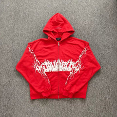 YOUNGLA- Red Gothic Graphic Zip-Up Hoodie