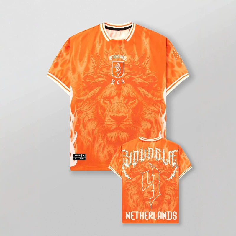 YoungLA Heavyweight Oversized Soccer Jersey – Netherlands Orange / Crowned Lion & Flames