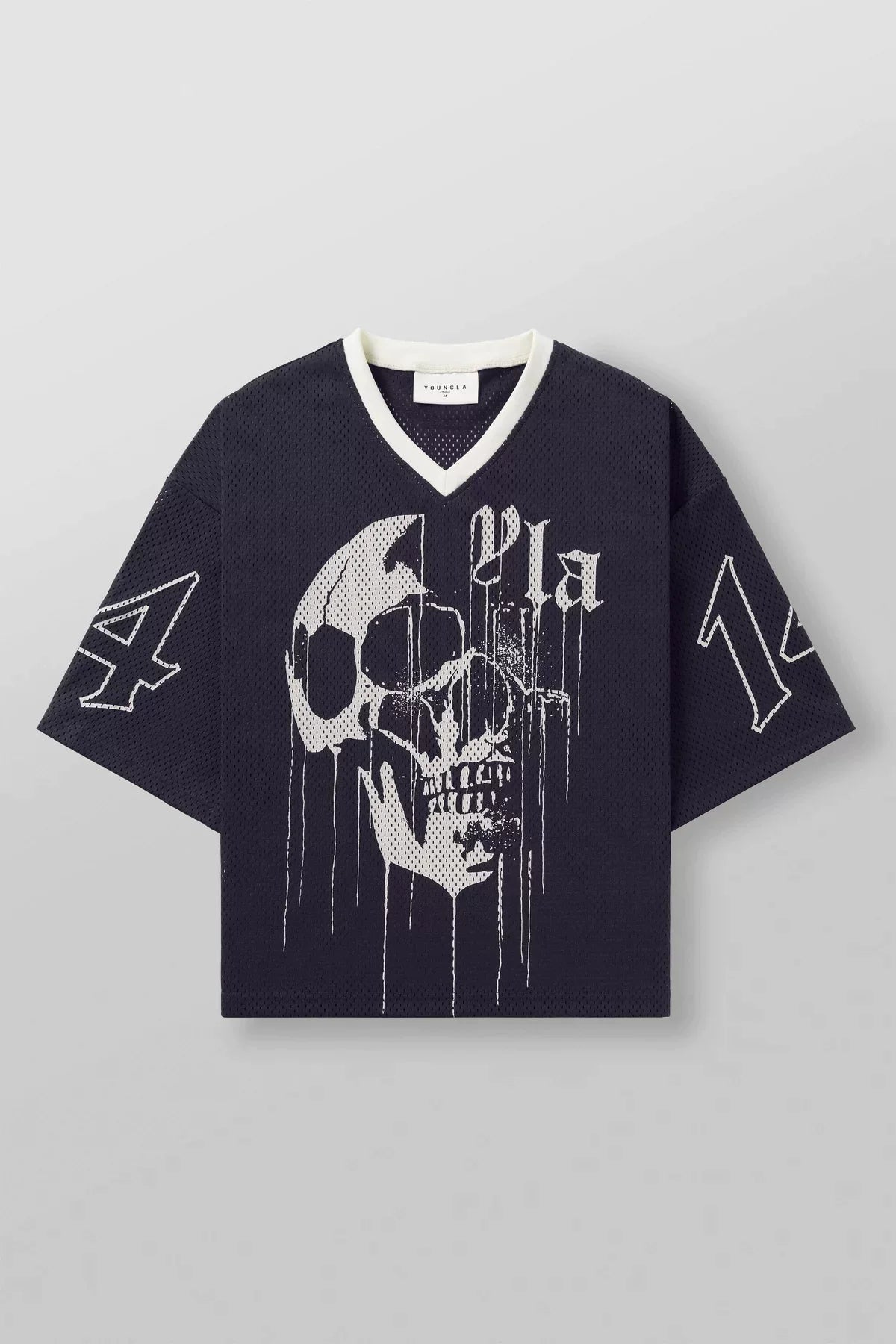 YoungLA Heavyweight Oversized V-Neck Mesh Jersey – Navy Dripping Skull Graphic