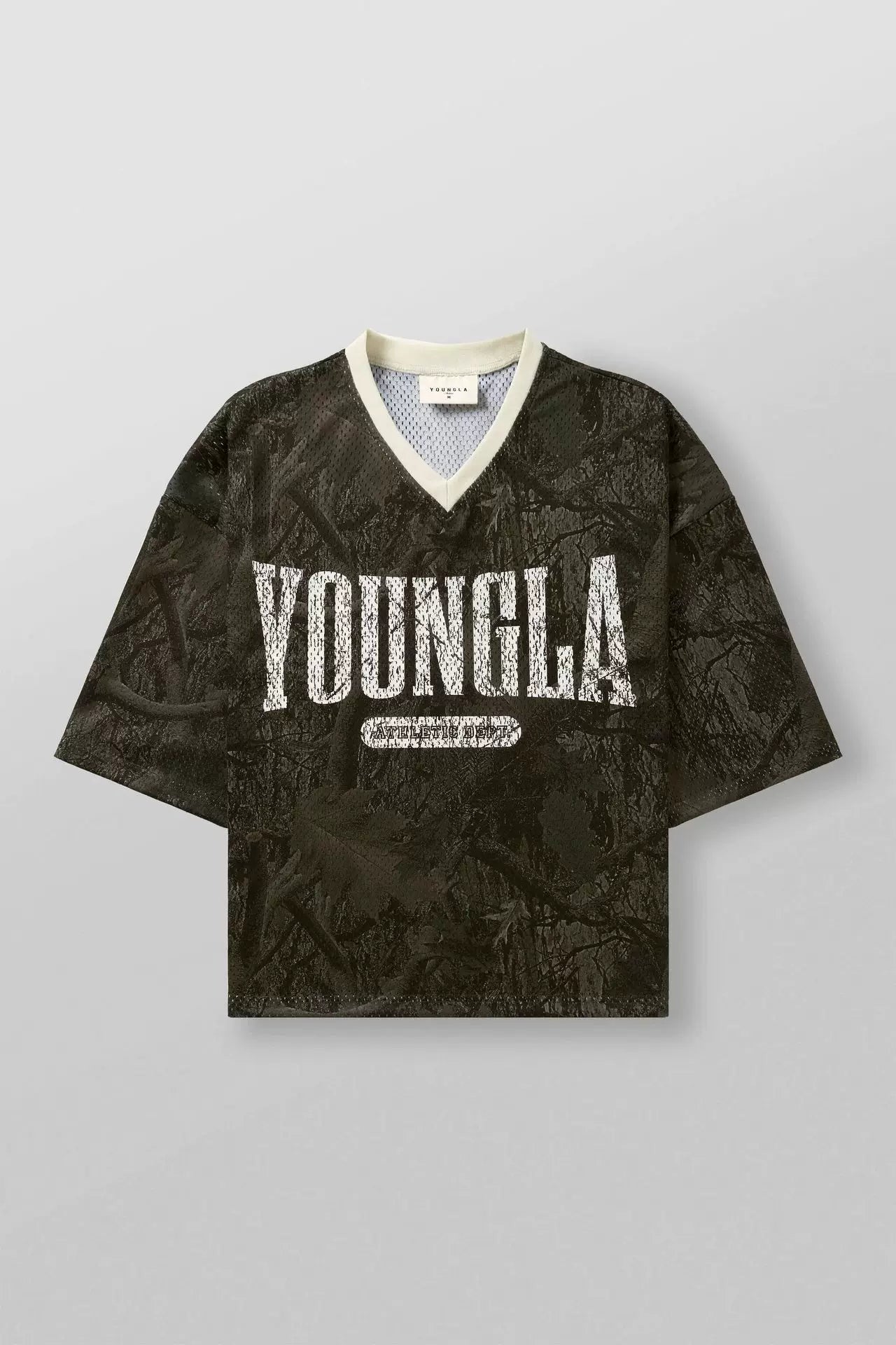 YoungLA Camo Oversized V-Neck Mesh Jersey – Distressed Logo Graphic