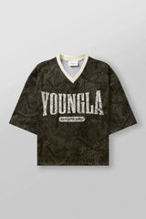 YoungLA Camo Oversized V-Neck Mesh Jersey – Distressed Logo Graphic
